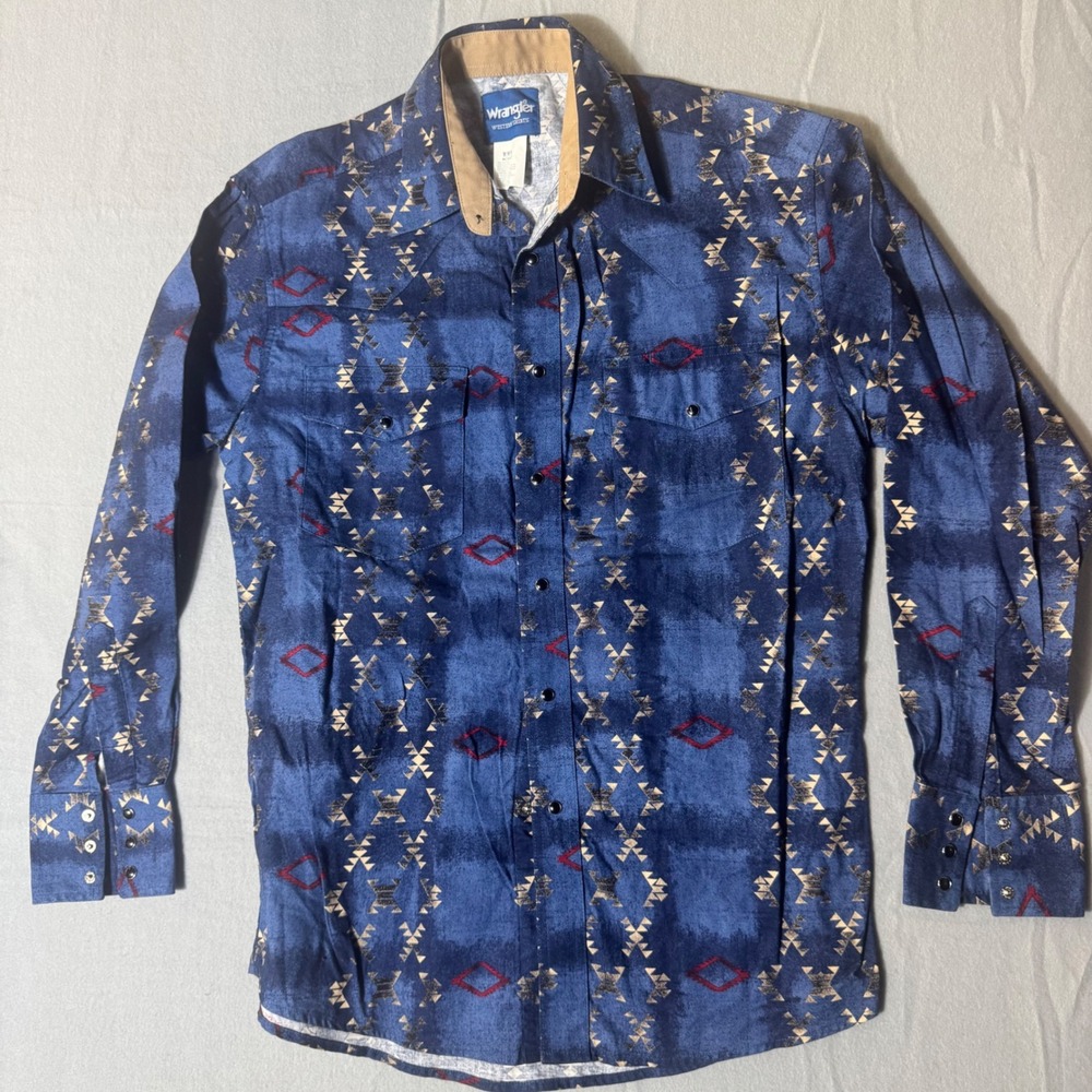 Wrangler Mens Blue Aztec Geometric Western Pearl‎ Snap Shirt MC6561A Medium